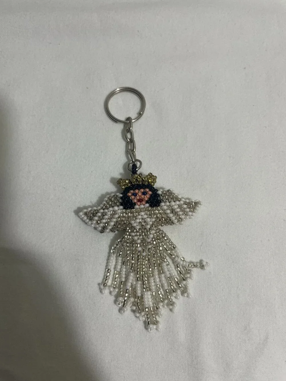 Handmade Beaded Angel Keychain White Silver Guardian Angel Charm Key Ring